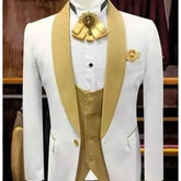 White Wedding Suits For Groom With Gold Shawl Lapel 3 Piece Custom Slim Fit Men Suits Set Jacket Vest Pant As picture color